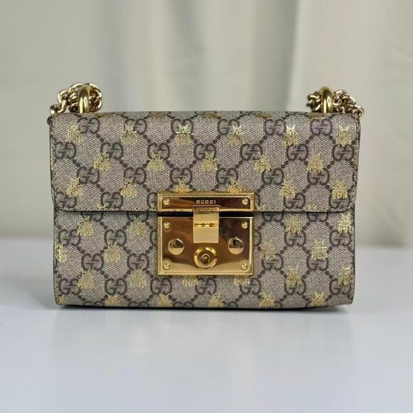 Gucci GG Logo Supreme Bees Small Padlock Shoulder Bag Crossbody Gold Hardware - Picture 1 of 8